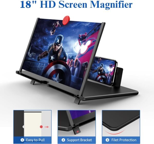 18" Screen Magnifier,3D HD Mobile Phone Magnifier Projector Screen Enlarger for Movies, Videos, and Gaming,Foldable Cell Phone Stand with Screen Amplifier,Supports All Smartphones (Black 18Inch)