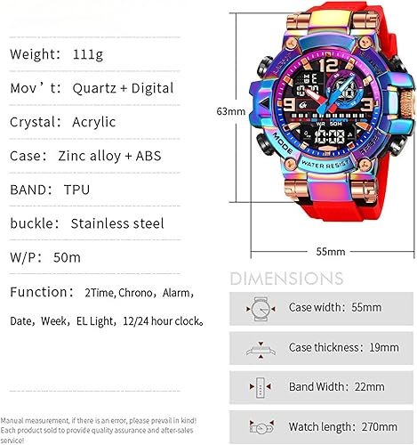 Men's Colorful Watches Sports Outdoor 55mm Large Face Camouflage 50M Waterproof Military Wrist Watch Tactical Date Multi Function LED Alarm Rugged Wristwatch for Training Hiking Adventure