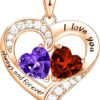 18K Rose Gold Heart Necklace, Valentine's Day Gifts, Jewelry for Women with 2 Birthstones, Customized Gifts for Mom Wife, I Love You Always and Forever, Gold, Cubic Zirconia
