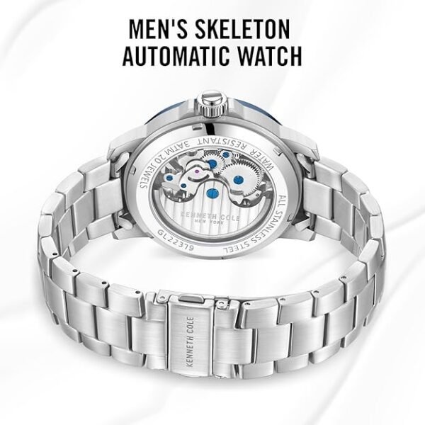 Kenneth Cole New York Men's Watch - Luxury, Stainless Steel, Automatic, Water-Resistant, Sleek Design Analog Watch with Skeleton Transparent Dial for Men