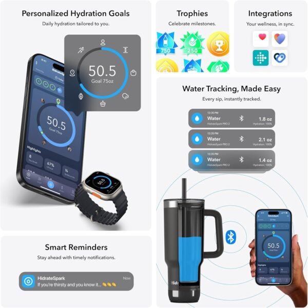 Hidrate Spark PRO 2 Smart Tumbler – 30 oz Insulated Stainless Steel, Tracks Water Intake, Glows & Beeps For Drink Reminder, Bluetooth Sync to App, Straw Lid, BPA-Free, Black (with Apple Find My