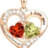 18K Rose Gold Heart Necklace, Valentine's Day Gifts, Jewelry for Women with 2 Birthstones, Customized Gifts for Mom Wife, I Love You Always and Forever, Gold, Cubic Zirconia