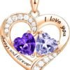 18K Rose Gold Heart Necklace, Valentine's Day Gifts, Jewelry for Women with 2 Birthstones, Customized Gifts for Mom Wife, I Love You Always and Forever, Gold, Cubic Zirconia