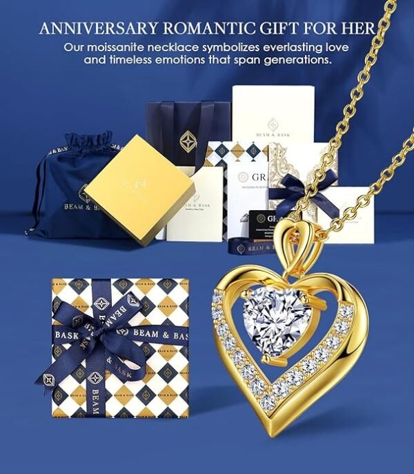 Beam & Bask 2-3 Ct Moissanite Double Heart Pendant Necklaces for Wife, 18K Gold finish S925 Silver Jewelry for Women Girlfriend Mom Her on Anniversary Birthday