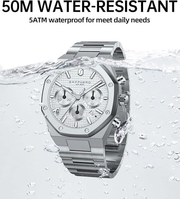 SAPPHERO Men's Watch Luxury Stainless Steel Quartz Wristwatch 50M Waterproof Octagonal Chronograph Simple Holiday Gift for Men