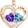 18K Rose Gold Heart Necklace, Valentine's Day Gifts, Jewelry for Women with 2 Birthstones, Customized Gifts for Mom Wife, I Love You Always and Forever, Gold, Cubic Zirconia
