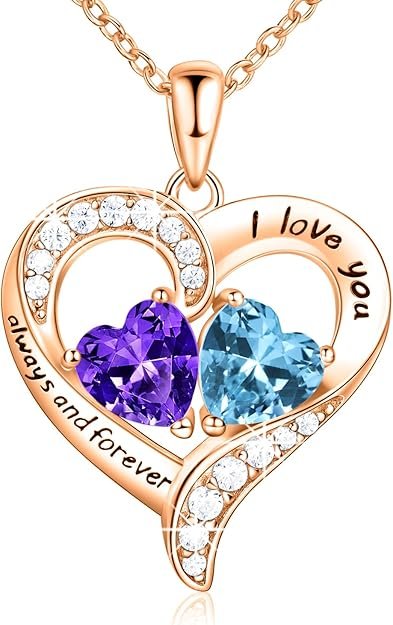 18K Rose Gold Heart Necklace, Valentine's Day Gifts, Jewelry for Women with 2 Birthstones, Customized Gifts for Mom Wife, I Love You Always and Forever, Gold, Cubic Zirconia