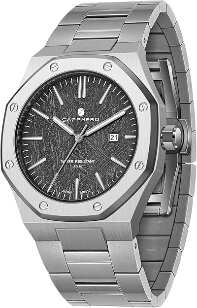 SAPPHERO Men's Watch Octagonal Stainless Steel 30M Waterproof Luminous Wristwatch Luxury Analog Quartz Watch for Men with Date Elegant Mens