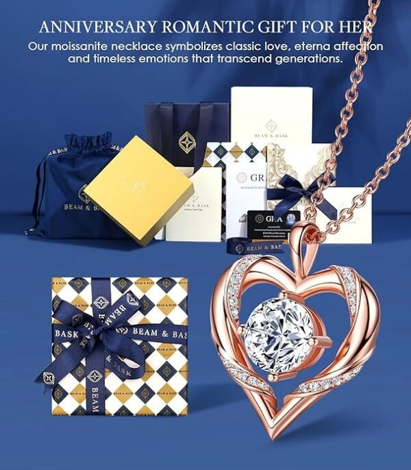 Beam & Bask 2-3 Ct Moissanite Heart Necklaces for Women, 18K Gold finish Romantic Pendant for Anniversary Birthday, 925 Sterling Silver Jewelry for Wife Girlfriend Mom Her
