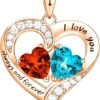 18K Rose Gold Heart Necklace, Valentine's Day Gifts, Jewelry for Women with 2 Birthstones, Customized Gifts for Mom Wife, I Love You Always and Forever, Gold, Cubic Zirconia