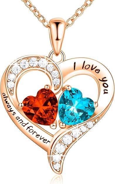 18K Rose Gold Heart Necklace, Valentine's Day Gifts, Jewelry for Women with 2 Birthstones, Customized Gifts for Mom Wife, I Love You Always and Forever, Gold, Cubic Zirconia