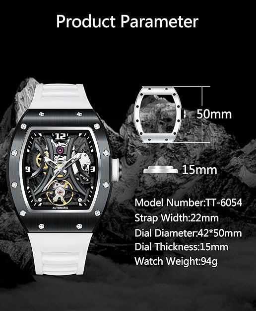 Paras Crown Automatic Analog Watches for Men Mechanical Mens Watches Stainless Case 50M Waterproof Fashion Luxury Wrist Watches with Silicone Strap