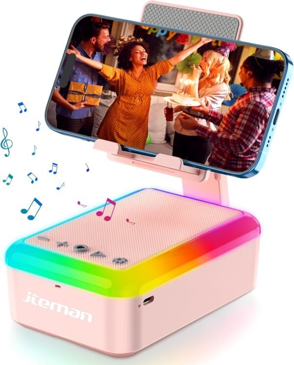 Cell Phone Stand with Bluetooth Speaker and Light, Portable Lanyard, Cool Tech Gifts for Wife Mom Women Men, Unique Birthday Gift Idea Pink