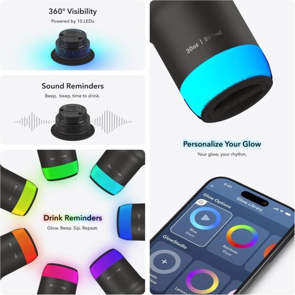 Hidrate Spark PRO 2 Smart Tumbler – 30 oz Insulated Stainless Steel, Tracks Water Intake, Glows & Beeps For Drink Reminder, Bluetooth Sync to App, Straw Lid, BPA-Free, Black (with Apple Find My