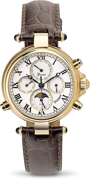 Stauer Gold Finished Graves '33 Wristwatch – Automatic Watch for Men with 39mm Gold Finished Casing – Moon Phase Watch with Brown Leather Band