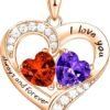 18K Rose Gold Heart Necklace, Valentine's Day Gifts, Jewelry for Women with 2 Birthstones, Customized Gifts for Mom Wife, I Love You Always and Forever, Gold, Cubic Zirconia