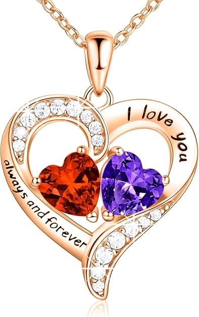 18K Rose Gold Heart Necklace, Valentine's Day Gifts, Jewelry for Women with 2 Birthstones, Customized Gifts for Mom Wife, I Love You Always and Forever, Gold, Cubic Zirconia