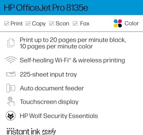HP OfficeJet Pro 8135e Wireless All-in-One Color Inkjet Printer, Print, Scan, Copy, Fax, ADF, Duplex Printing, Best-for-Home Office, 3 month Instant Ink trial included