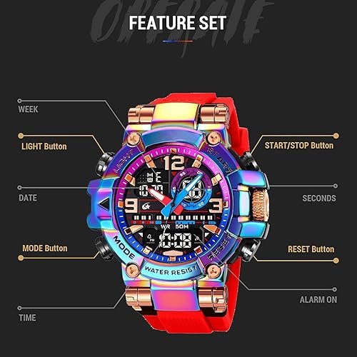 Men's Colorful Watches Sports Outdoor 55mm Large Face Camouflage 50M Waterproof Military Wrist Watch Tactical Date Multi Function LED Alarm Rugged Wristwatch for Training Hiking Adventure