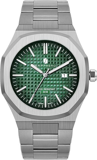 SAPPHERO Men's Watch Octagonal Stainless Steel 30M Waterproof Luminous Wristwatch Luxury Analog Quartz Watch for Men with Date Elegant Mens
