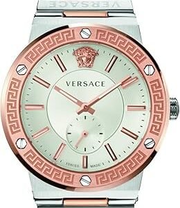 Versace Greca Logo Collection Luxury Mens Watch Timepieces with a Two Tone Bracelet and Case Featuring a Silver Dial