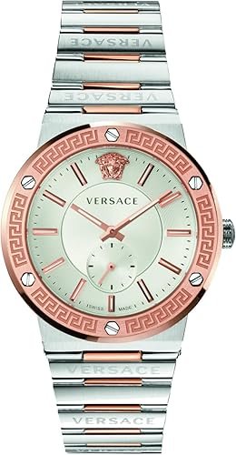 Versace Greca Logo Collection Luxury Mens Watch Timepieces with a Two Tone Bracelet and Case Featuring a Silver Dial