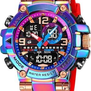 Men's Colorful Watches Sports Outdoor 55mm Large Face Camouflage 50M Waterproof Military Wrist Watch Tactical Date Multi Function LED Alarm Rugged Wristwatch for Training Hiking Adventure