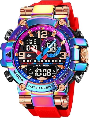 Men's Colorful Watches Sports Outdoor 55mm Large Face Camouflage 50M Waterproof Military Wrist Watch Tactical Date Multi Function LED Alarm Rugged Wristwatch for Training Hiking Adventure