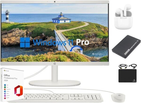 HP All-in-One Desktop Computer 2025 Premium, 21.5" FHD Display, Dual-Core Intel Processor, 16GB RAM, 756GB Storage (256GB SSD + 500GB Ext), Webcam, Win 11 Pro, Lifetime Office 2024 +HubxcelAccessory