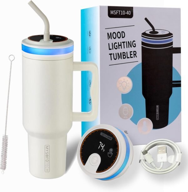 Smart Water Bottle with Reminder to Drink Water|Smart Tumbler with Mood Lighting For Camping |LED Glow Reminder When You Need to Drink| Straw Lid,40oz,Insulated Stainless Steel(Cream