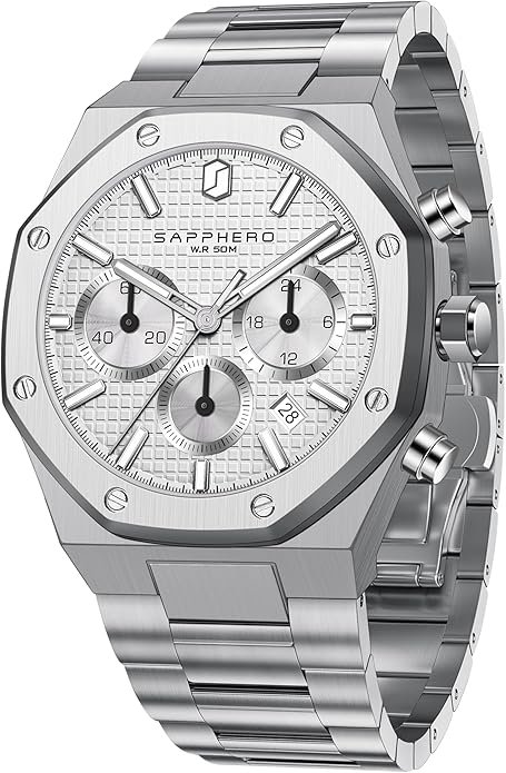 SAPPHERO Men's Watch Luxury Stainless Steel Quartz Wristwatch 50M Waterproof Octagonal Chronograph Simple Holiday Gift for Men