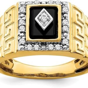 10K/14K/18K Solid Gold Black Onyx Greek Key Men Rings Yellow Gold Man's Chunky Signet Luxury Anniversary Rings Engagement Ring Band for Men Him Size 4-16