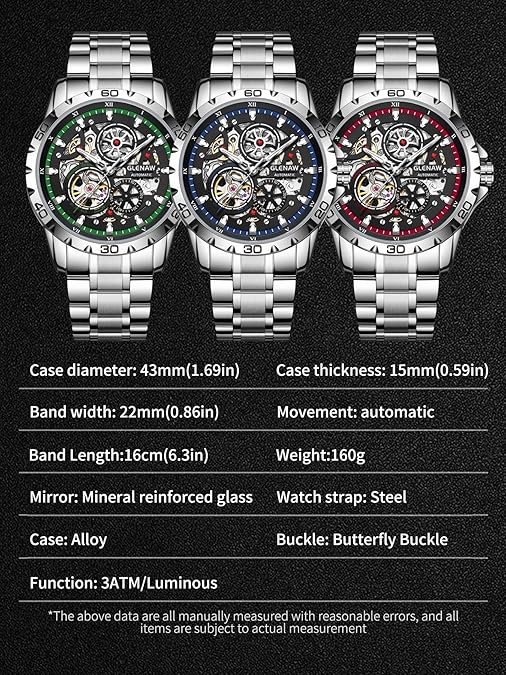 Automatic Watches for Men - Mechanical Self-Winding,Skeleton Dial, 30 ATM Waterproof, with Stainless Steel Band,Wrist Watch - Men's Stylish Gift