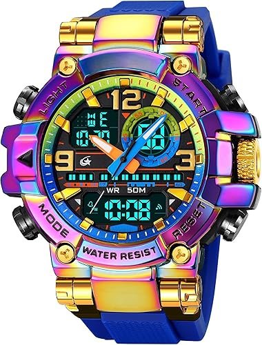 Men's Colorful Watches Sports Outdoor 55mm Large Face Camouflage 50M Waterproof Military Wrist Watch Tactical Date Multi Function LED Alarm Rugged Wristwatch for Training Hiking Adventure