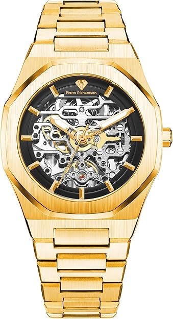 Pierre Richardson Men’s Luxury Watch – Silver Stainless Steel Automatic Skeleton , 41mm, 5ATM Water Resistant, Scratch-Resistant Sapphire Crystal Glass, Elegant Dress Watch for Men