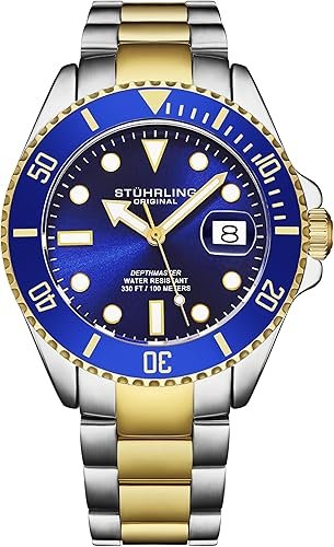 81K+FaUTTeL._AC_SY500_ Stuhrling Original Men's Dive Watch, Swiss Movement, Stainless Steel, Blue Dial, Stainless Steel Bracelet, 100M Water Resistant