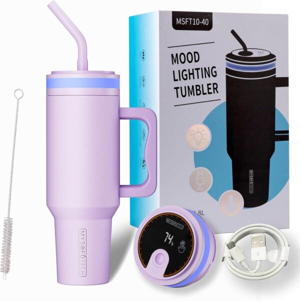 Smart Water Bottle with Reminder to Drink Water|Smart Tumbler with Mood Lighting For Camping |LED Glow Reminder When You Need to Drink| Straw Lid,40oz,Insulated Stainless Steel(Cream