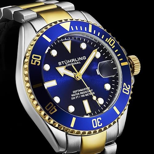 81Lz5De1SGL._AC_SY500_ Stuhrling Original Men's Dive Watch, Swiss Movement, Stainless Steel, Blue Dial, Stainless Steel Bracelet, 100M Water Resistant