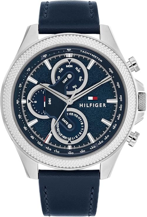 Tommy Hilfiger Men's Multifunction Quartz Watch – 46mm Stainless Steel Case, Racing-Inspired Design, 5 ATM Water Resistant, Elegant Modern Timepiece, Gift for Him