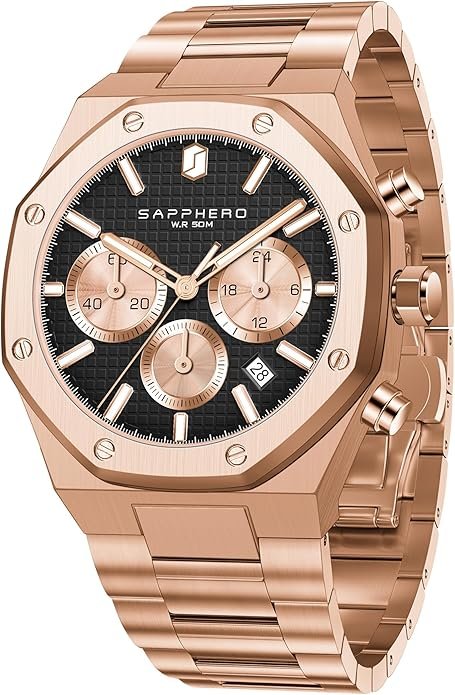 SAPPHERO Men's Watch Luxury Stainless Steel Quartz Wristwatch 50M Waterproof Octagonal Chronograph Simple Holiday Gift for Men