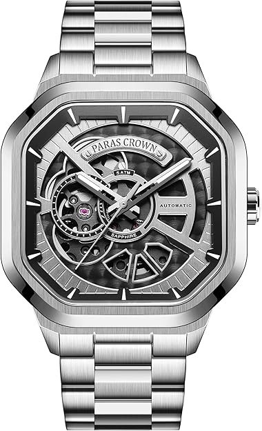 Paras Crown Automatic Analog Watches for Men Mechanical Mens Watches Stainless Case 50M Waterproof Fashion Luxury Wrist Watches with Silicone Strap