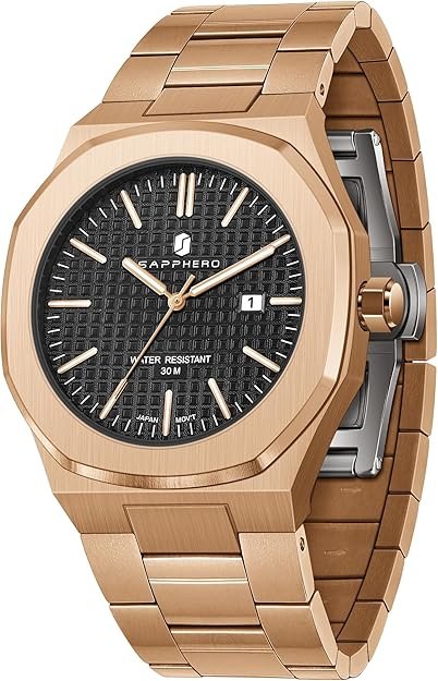 SAPPHERO Men's Watch Octagonal Stainless Steel 30M Waterproof Luminous Wristwatch Luxury Analog Quartz Watch for Men with Date Elegant Mens