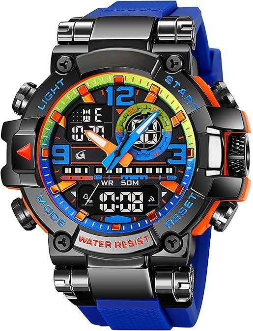 Men's Colorful Watches Sports Outdoor 55mm Large Face Camouflage 50M Waterproof Military Wrist Watch Tactical Date Multi Function LED Alarm Rugged Wristwatch for Training Hiking Adventure