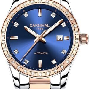 Women's Diamond Automatic Mechanical Rose Gold Stainless Steel Sapphire Waterproof Lady's Elegant Blue Watch
