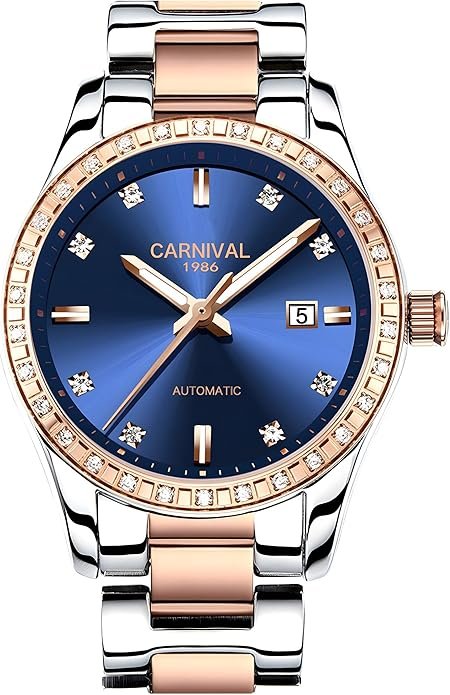 Women's Diamond Automatic Mechanical Rose Gold Stainless Steel Sapphire Waterproof Lady's Elegant Blue Watch
