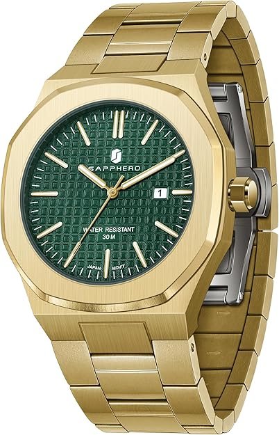 SAPPHERO Men's Watch Octagonal Stainless Steel 30M Waterproof Luminous Wristwatch Luxury Analog Quartz Watch for Men with Date Elegant Mens