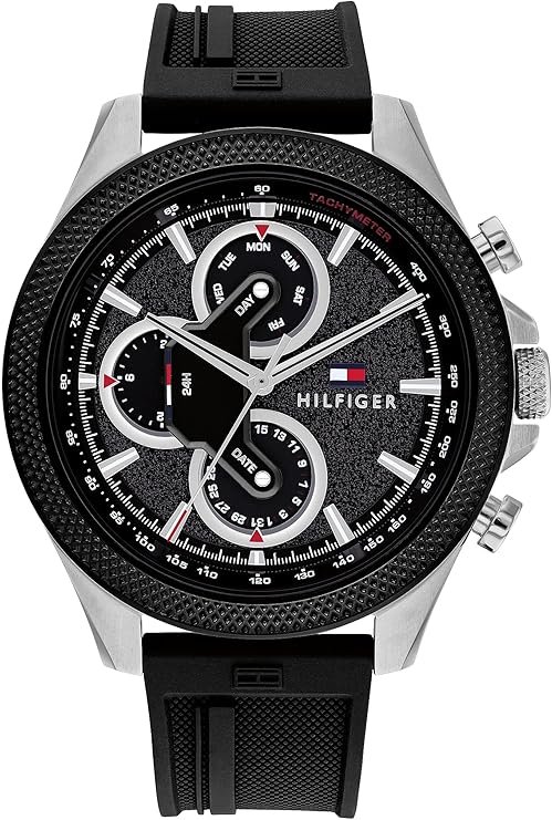 Tommy Hilfiger Men's Multifunction Quartz Watch – 46mm Stainless Steel Case, Racing-Inspired Design, 5 ATM Water Resistant, Elegant Modern Timepiece, Gift for Him