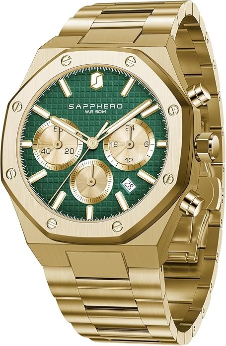 SAPPHERO Men's Watch Luxury Stainless Steel Quartz Wristwatch 50M Waterproof Octagonal Chronograph Simple Holiday Gift for Men