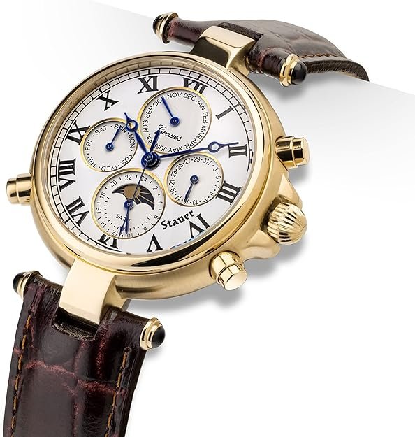 Stauer Gold Finished Graves '33 Wristwatch – Automatic Watch for Men with 39mm Gold Finished Casing – Moon Phase Watch with Brown Leather Band