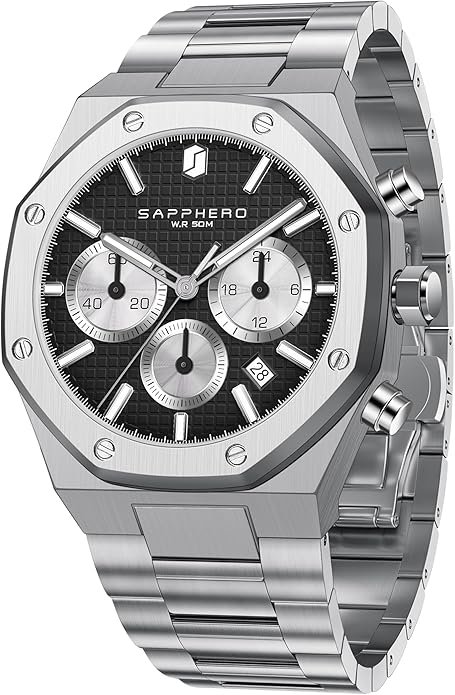 SAPPHERO Men's Watch Luxury Stainless Steel Quartz Wristwatch 50M Waterproof Octagonal Chronograph Simple Holiday Gift for Men